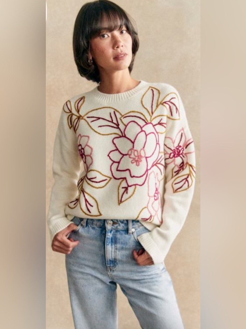 100% Cashmere Floral Embroidered Cream Sweater by Joie size XS
